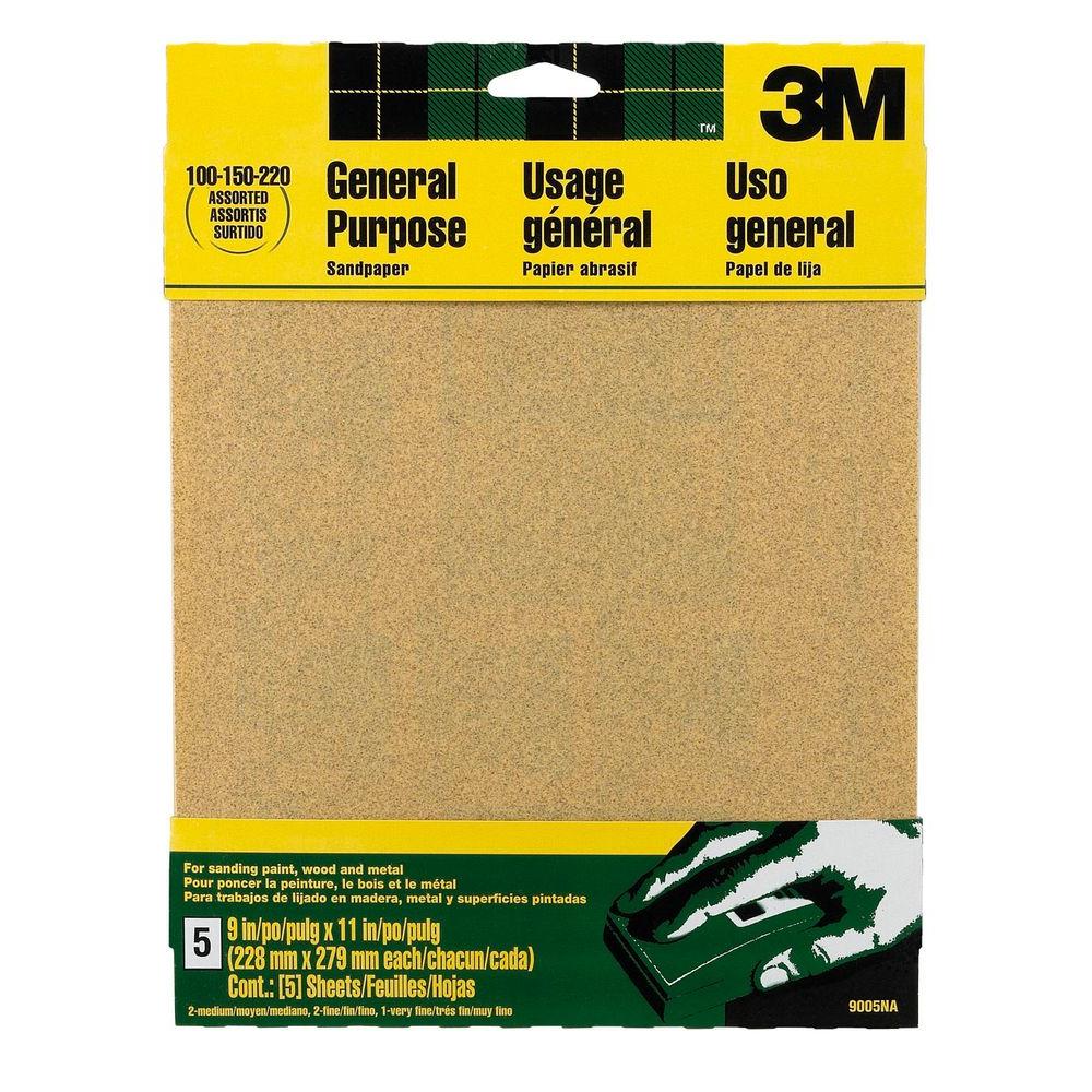 Medium-grit sandpaper, [Image Source](https://www.homedepot.com/p/3M-9-in-x-11-in-100-150-220-Grit-Medium-Fine-and-Very-Fine-Aluminum-Oxide-Sand-Paper-5-Sheets-Pack-9005NA/203783586)
